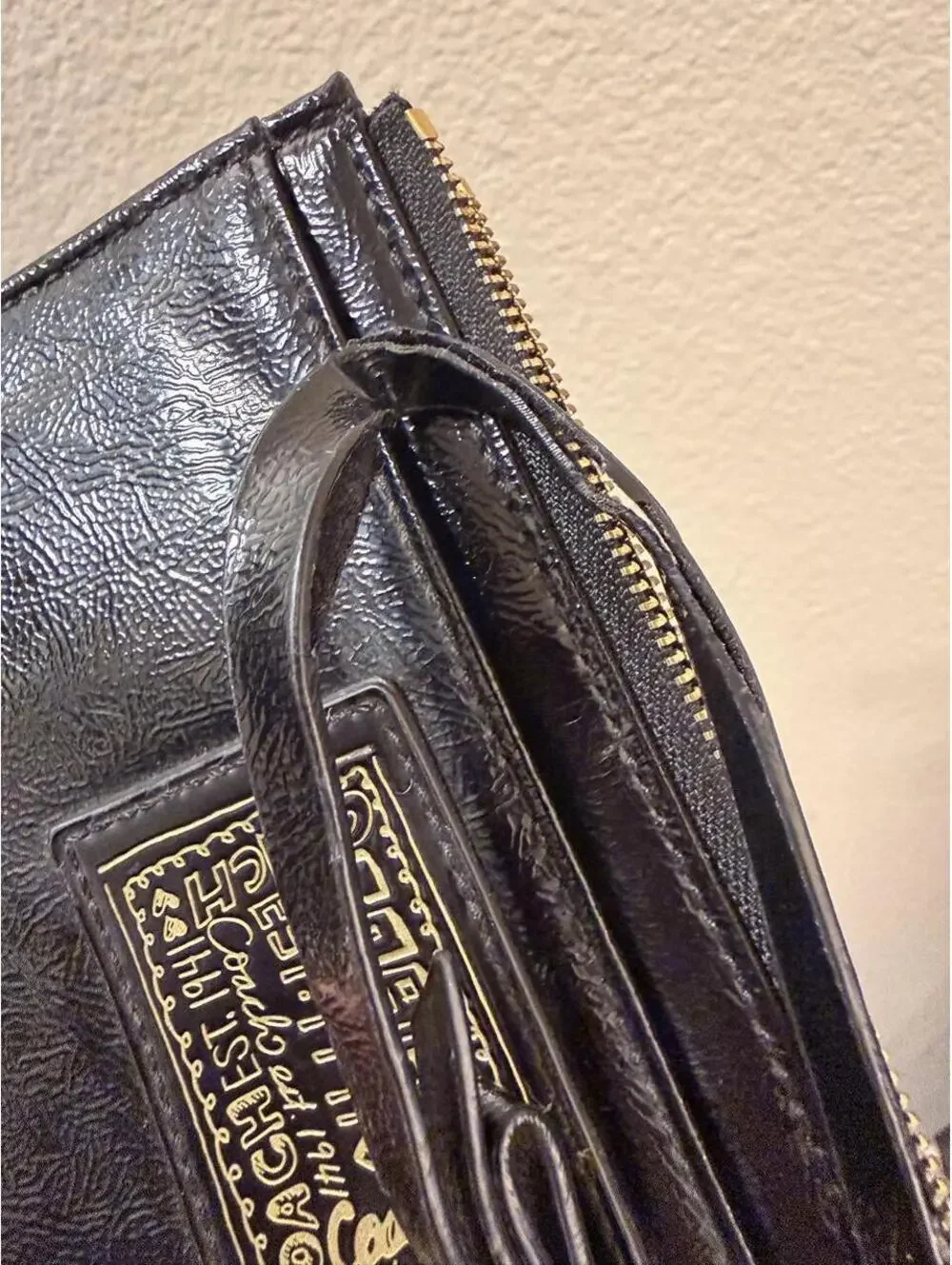 Coach Poppy Black Leather Wristlet with Gold Hardware
